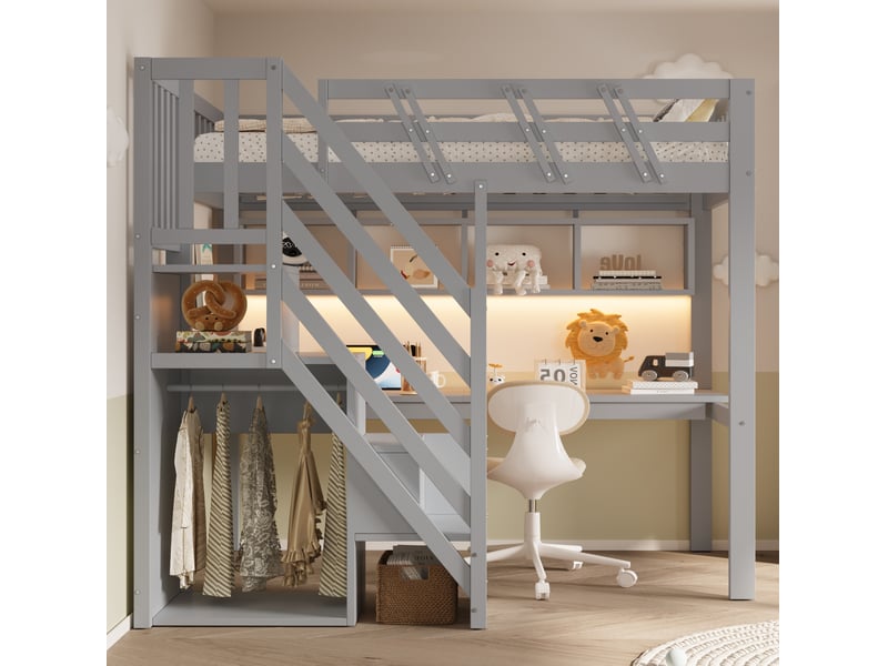  Lit mezzanine 90x200 cm avec bureau, led et prise usb bois gris sans matelas  - Conforama E