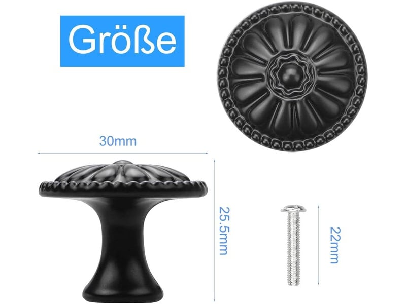  Ensemble de 10 boutons de porte d'armoire noirs de 30 mm, boutons ronds vintage pour tiroirs, boutons de commode noirs, jeu de boutons pour armoires.  - Conforama A