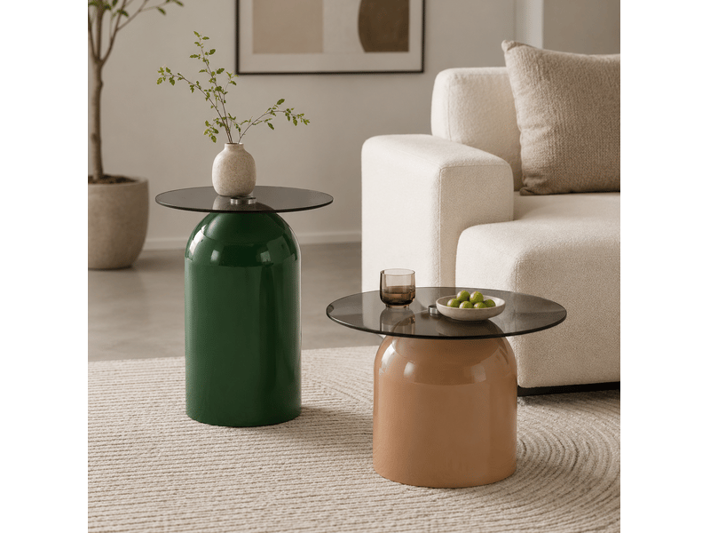 Set de 2 tables basses gigognes ø40 cm h 50 cm et ø50 cm h 38 cm en verre trempé vert et café clair  - Conforama B