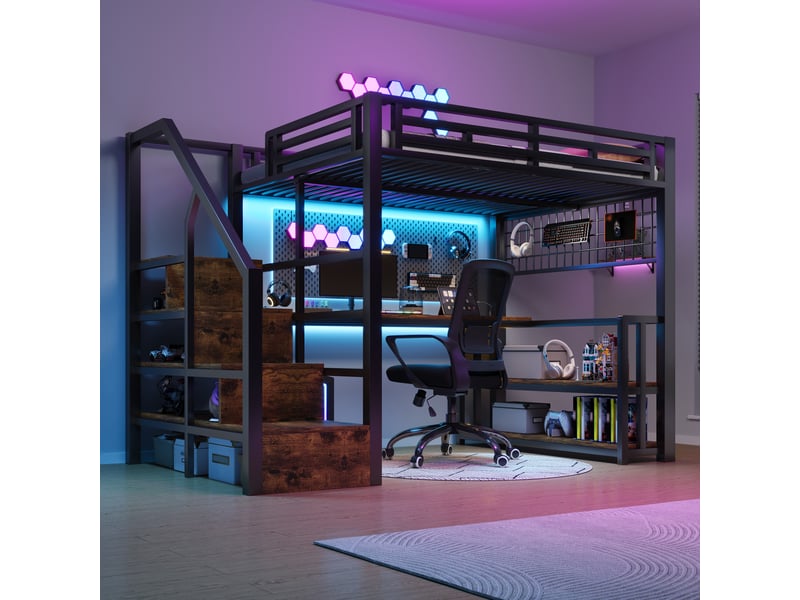 Lit mezzanine 140 x 200 cm avec bureau, étagères, escalier de rangement, éclairage led pilotable, 2 ports usb et usb-c, métal, noir Morn Vibe - Conforama B