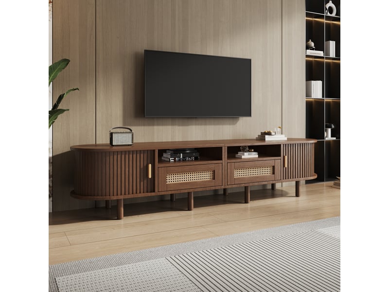  Meuble tv ovale avec 2 tiroirs et 2 portes coulissantes pour salon 170×40×40 cm en mdf chêne foncé  - Conforama C