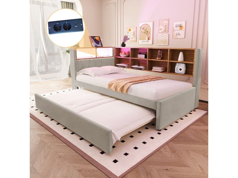  Lit gigogne 2 places avec led, usb, type-c et rangements, 90×200 cm et 90×190 cm, matelas non précisés, gris clair  - Conforama C