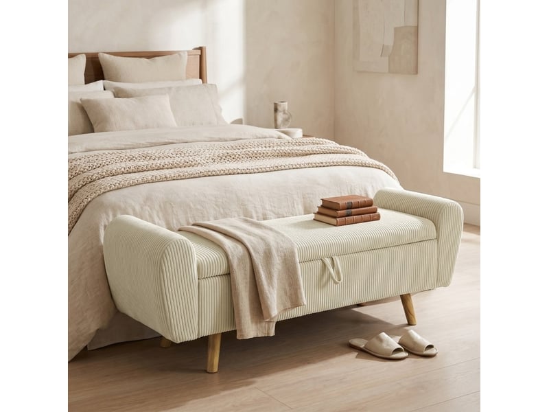  Banquette de rangement 150x45x51 cm accoudoirs roulés bois beige  - Conforama B