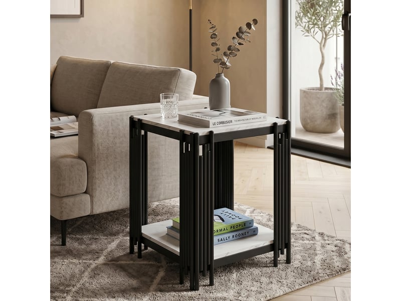  Table d'appoint double plateaux en métal avec effet marbre, pieds à tiges verticales, design moderne pour salon et chambre  - Conforama D