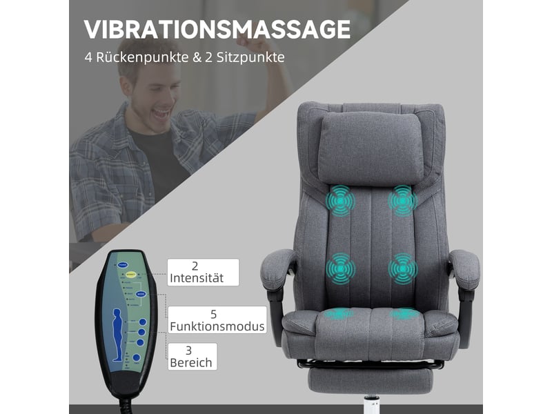 Fauteuil de bureau massant gris, 5 modes, dossier inclinable à 135°, siège réglable avec repose-pieds pour bureau à domicile - Conforama D