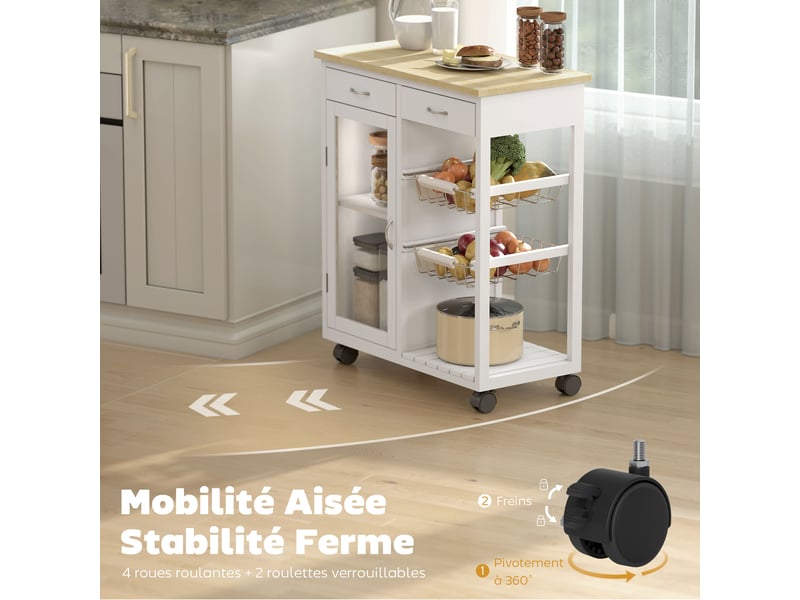  Desserte de cuisine à roulettes, îlot central cuisine avec plateau en bambou, 67 x 35 x 80 cm, porte vitrée, blanc  - Conforama R