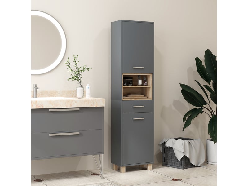  Colonne salle de bain, meuble salle de bain rangement avec 2 placards, gris, tiroir et 2 compartiments ouverts  - Conforama W