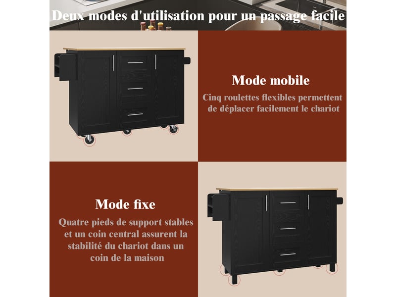  Îlot de cuisine 135x46x90.8cm, desserte avec 2 portes, 3 tiroris, plateau pliable, espace de rangement, roulette, mdf noir  - Conforama D