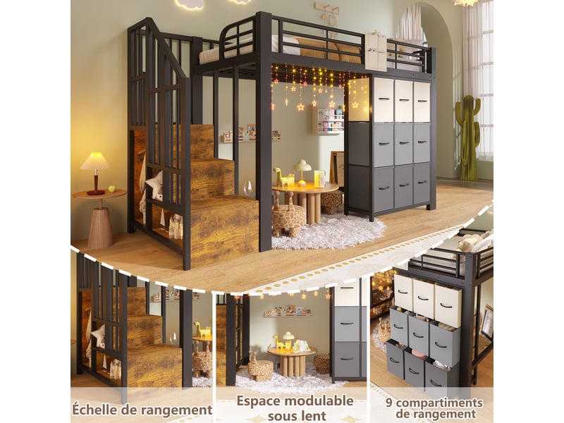 Lit mezzanine enfant 90x200 cm en métal avec escalier rangement-tiroirs et penderie intégrée-espace bureau ou jeu-noir - Conforama D