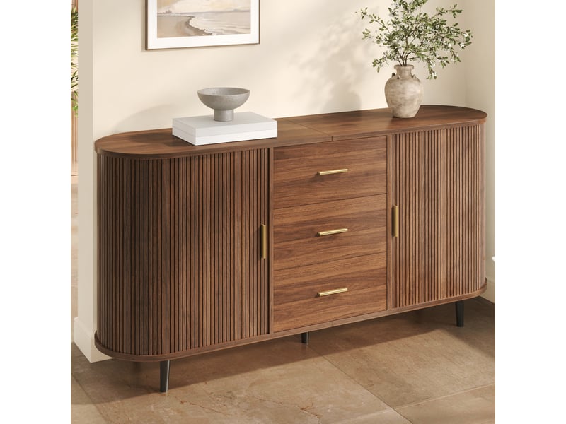  Buffet arrondi 160 cm décor noyer, 2 portes coulissantes, 3 tiroirs, étagères réglables et pieds en fer  - Conforama D