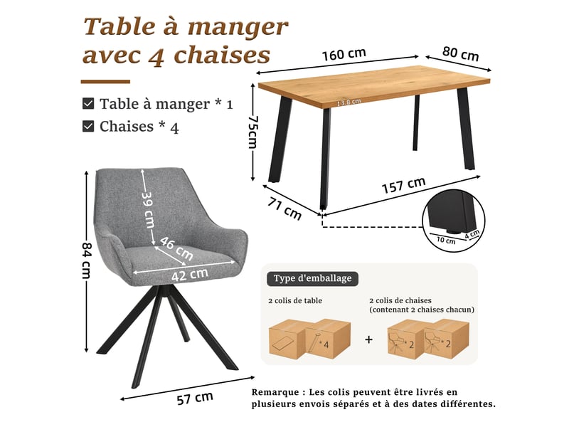  Ensemble table et 4 chaises - table rectangulaire 160x80 cm monobloc en chêne sauvage et pieds métal, 4 chaises en tissu gris pigeon et pieds métal  - Conforama C