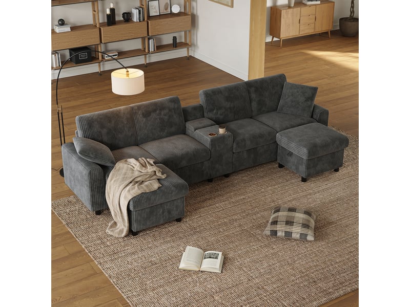  Canapé panoramique en velours côtelé gris avec 2 poufs de rangement et table basse  - Conforama D