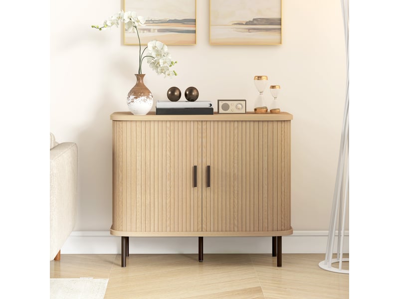  Buffet avec portes coulissantes à lattes, meuble de cuisine avec pieds en acier, aspect chêne  - Conforama C