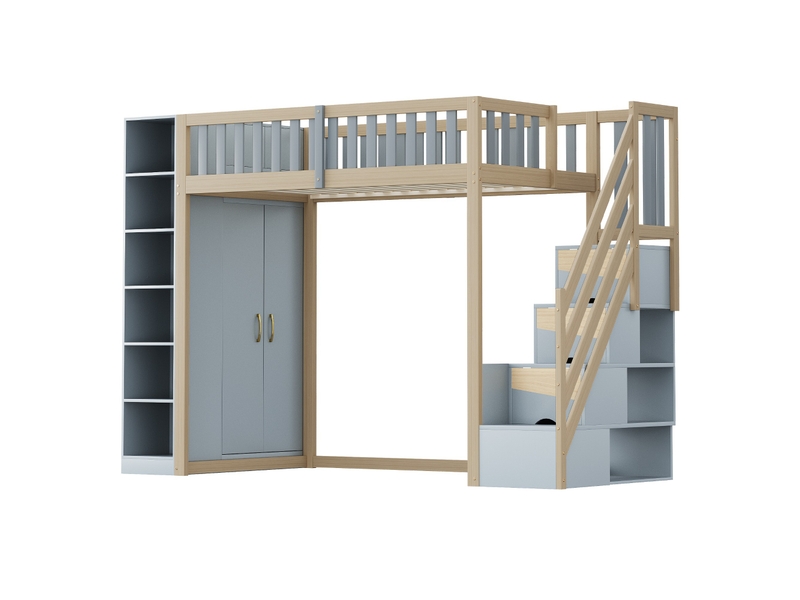 Lit mezzanine enfant 90 x 200 cm avec armoire, étagères et escalier rangement, bois, gris et bois naturel Fay Lum - Conforama A