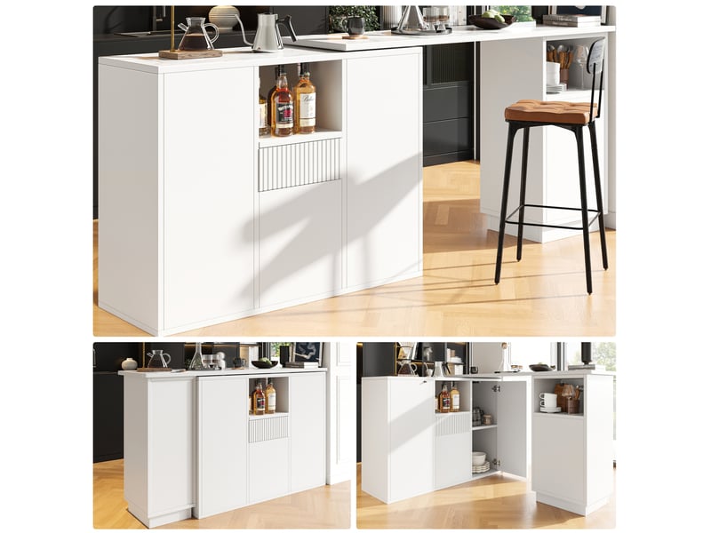  Bar rotatif 360° îlot l210 x p30 x h100,9 cm convertible lligne, grand rangement, plateau effet marbre, mdf blanc  - Conforama D