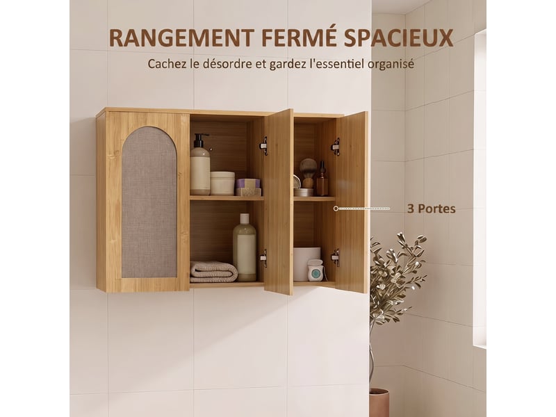  Armoire murale de salle de bain bohème avec 3 portes effet rotin à fermeture douce et étagère réglable, chêne  - Conforama E