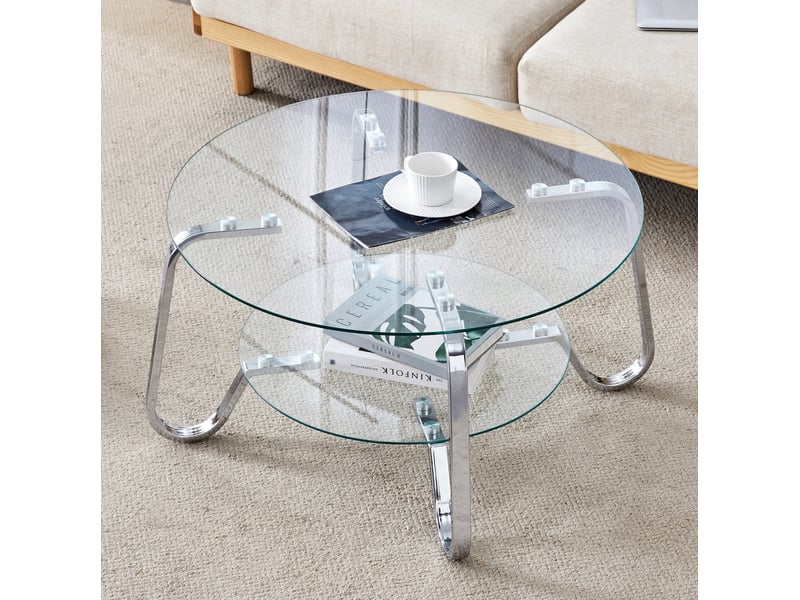 Table basse ronde avec 2 plateaux en verre trempé et structure en métal argenté pour salon, 90,5 × 89 × 10,5 cm - Conforama B