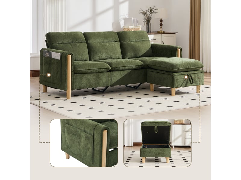 Canapé d'angle 3 places en tissu chenille vert, avec pouf à rangement, poches latérales, pieds en bois - Conforama B