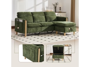 Canapé d'angle panoramique convertible <strong>SAPGAKS</strong> <strong></strong> 3 places Velours côtelé vert avec coffre de rangement