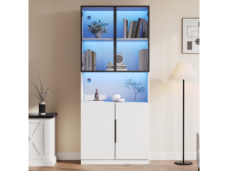  Vitrine haut 200 cm avec éclairage led réglable, portes vitrées, style minimaliste, 200 × 80 × 30 cm, blanc, pour exposer et organiser vos objets CARDUME ESTIVAL - Conforama D