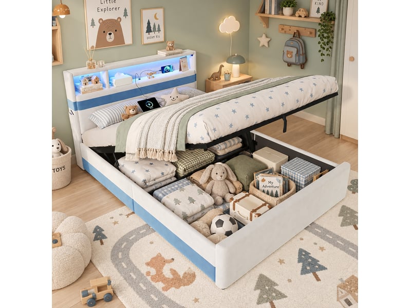  Lit coffre double 140x200 cm, rangement hydraulique, tête de lit led usb, velours blanc et bleu, sans matelas  - Conforama B