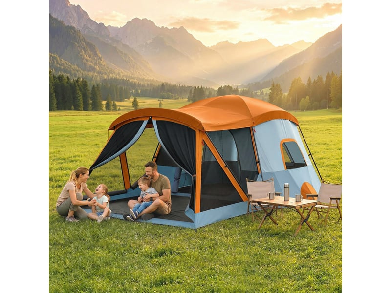  Tente tunnel pour 4 personnes, tente familiale avec chambre et séjour, puits de lumière, tapis de sol, hauteur sous plafond de 3000 mm, colonne d'eau  - Conforama C