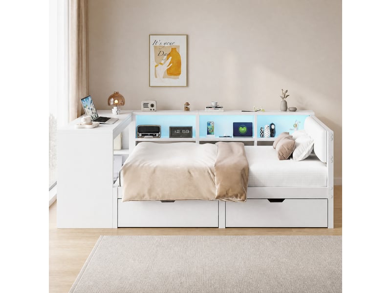  Lit plateforme 140 x 200 cm blanc avec rangements, tiroirs, led et station de charge  - Conforama D