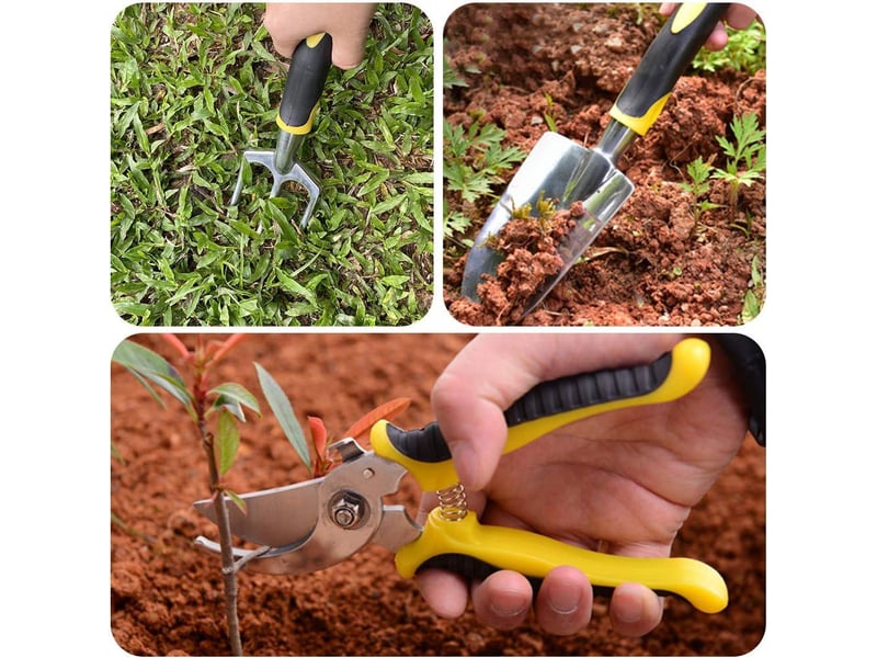  Crochets muraux outils de jardinage, 5 pièces kit outils jardinage adulte en aluminium antirouille, outils de jardin avec sécateur, fourchette, transplanteur, jaune  - Conforama D