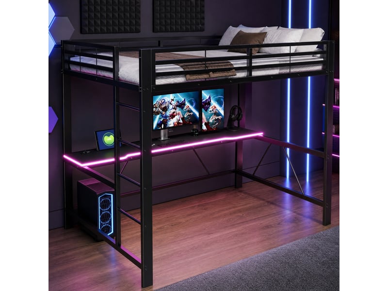  Lit mezzanine 140 x 200 cm noir avec bureau, led et station usb  - Conforama C