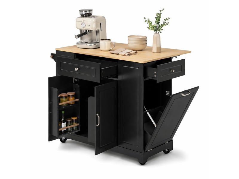Desserte de cuisine à roulettes avec plan rabattable, prises et bac à déchets, pour cuisine en mdf 131,8×40-70×93,3 cm - Conforama A