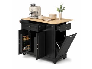 Desserte de cuisine à roulettes avec plan rabattable, prises et bac à déchets, pour cuisine en mdf 131,8×40-70×93,3 cm