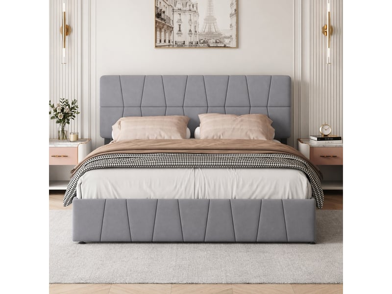  Lit double 160x200 cm,lit capitonné rembourré avec 4 tiroirs,sommier à lattes,lit 2 personnes pour adultes, gris,velours  - Conforama B