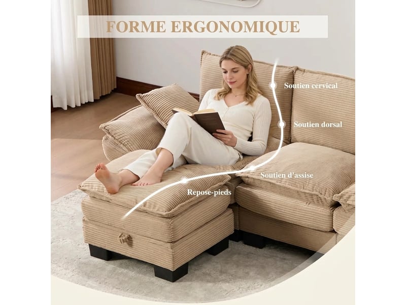  Canapé 3 places velours côtelé modulable avec pouf - mousse haute densité port usb-c kaki  - Conforama E