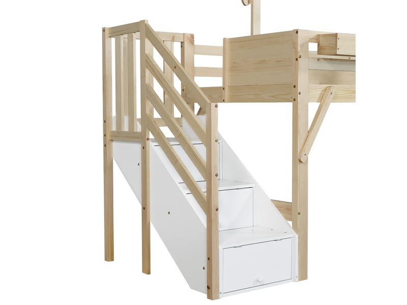  Lit mezzanine 90x200cm, sommier, panneau noir, lit cabane, escalier, 3 tiroirs inclus, en bois+mdf, blanc+naturel, sans matelas  - Conforama E