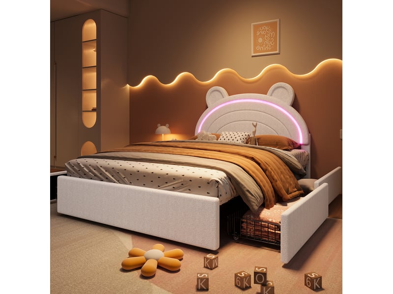  Lit enfant capitonné en velours beige 140 x 200 cm avec tête de lit ours, 4 tiroirs et éclairage led  - Conforama B