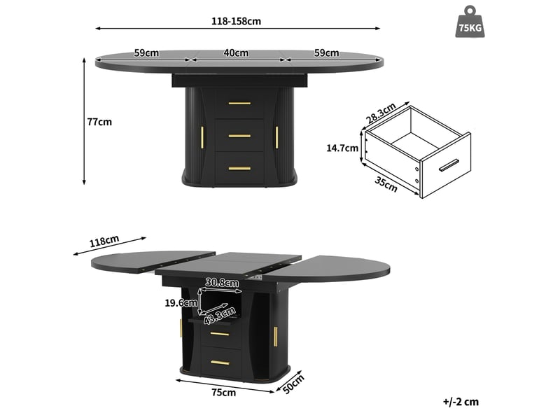 Table de salle à manger extensible avec rangement dissimulé et plateau coulissant, en mdf noir, 118 à 158 × 118 × 77 cm - Conforama E