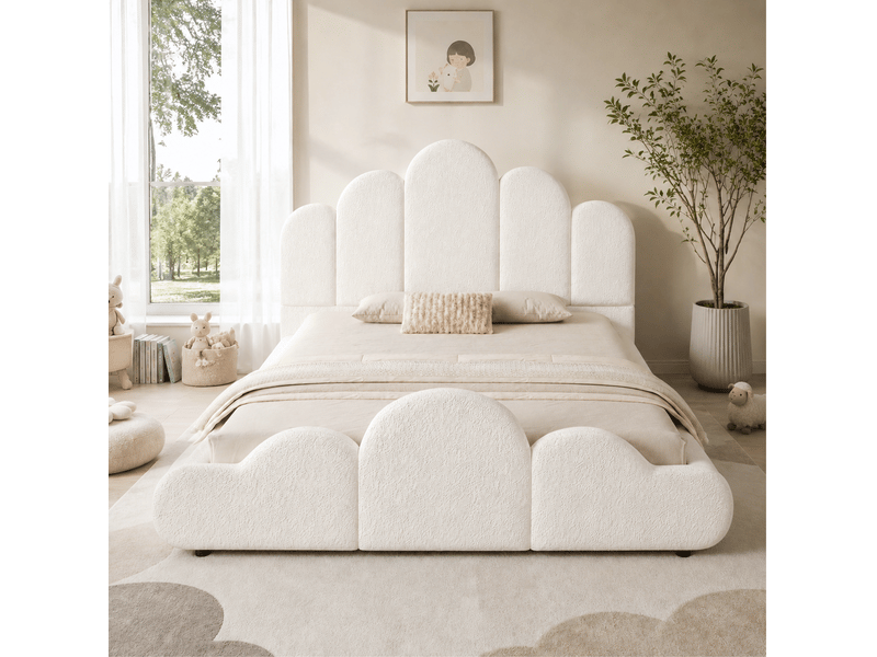  Lit enfant 140x200 cm bouclé beige avec sommier à lattes et angles arrondis  - Conforama D
