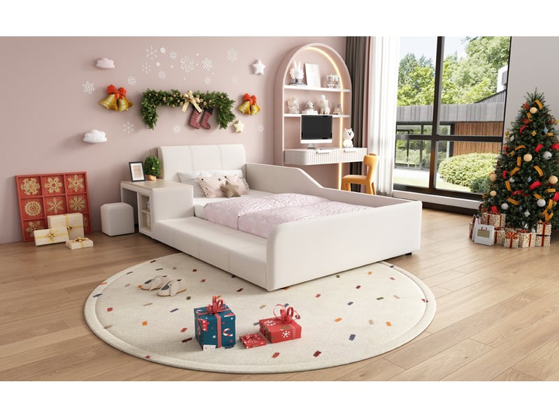  Lit enfant rembourré avec bureau et tabouret - 90x200cm - tablette, niches de rangement et velours doux - avec sommier à lattes - blanc  - Conforama B