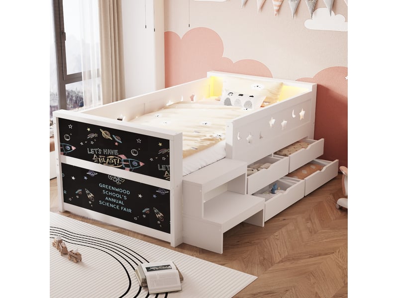  Lit pour enfant, 90x200 cm, avec barrières de sécurité, tiroirs, led, matelas non inclus, bois, coloris noir et blanc  - Conforama B
