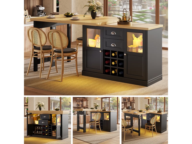Buffet extensible avec table pivotante 360°, éclairage led 3 couleurs, meuble rangement cuisine avec tiroirs et armoires à portes coulissantes en mdf noir - Conforama B