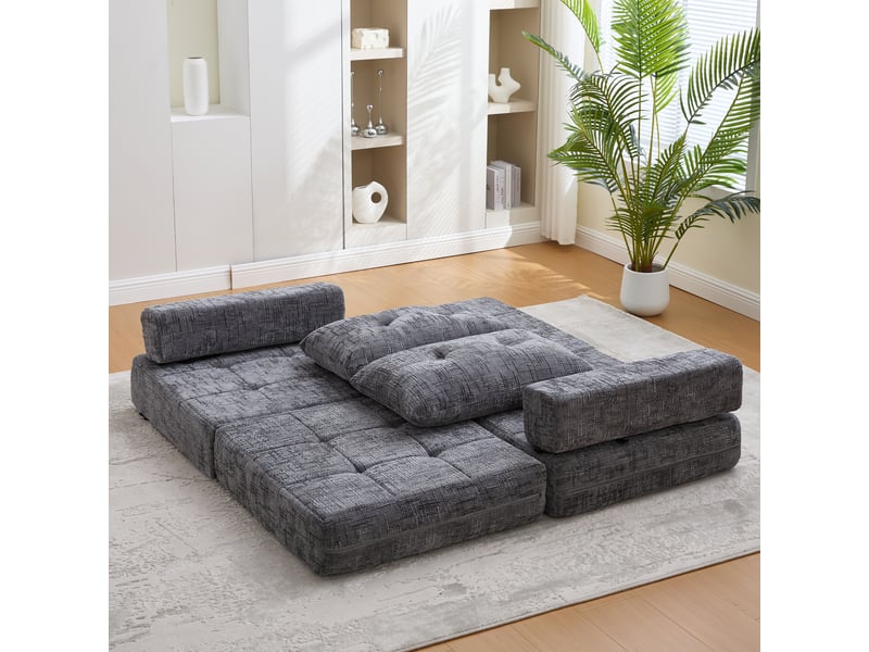  Fauteuil convertible avec matelas pliable et coussin - 1 place - structure métal et mdf - revêtement chenille - gris  - Conforama C