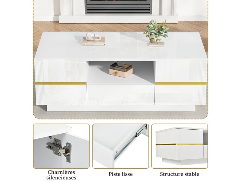  Table basse 100x50x35,5 cm blanche et dorée, led, 2 portes, 1 tiroir et niche ouverte Fay Lum - Conforama D