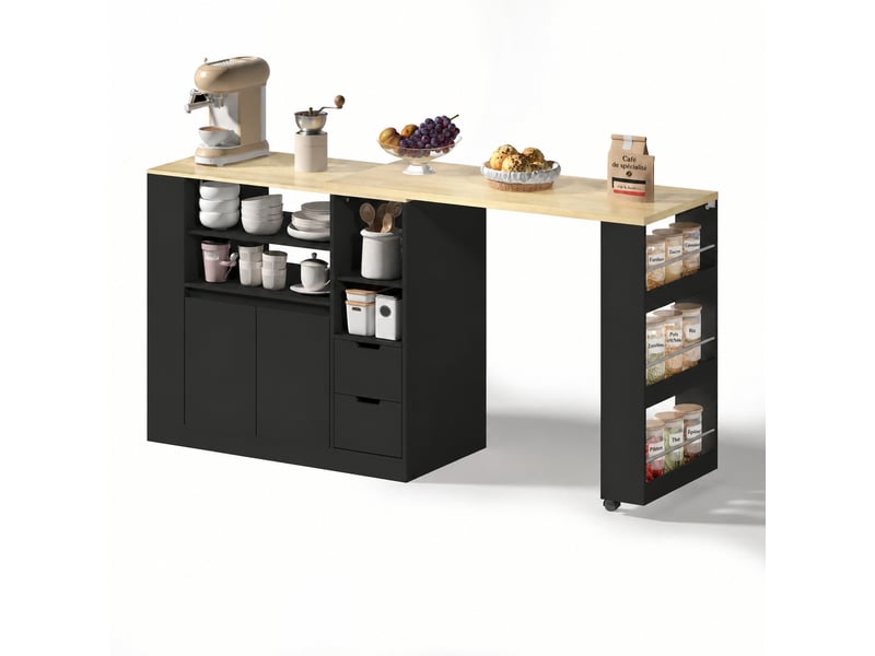  Îlot de cuisine avec plan de travail pivotant et extensible, 115 cm, rangement, noir et bois naturel  - Conforama A