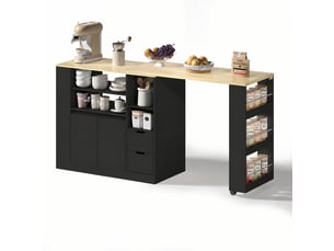 Îlot de cuisine avec plan de travail pivotant et extensible, 115 cm, rangement, noir et bois naturel