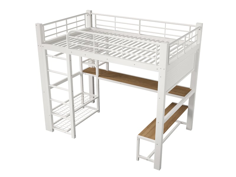 Lit mezzanine 140x200 cm métal blanc avec led, escalier rangement et grille suspendue - Conforama D