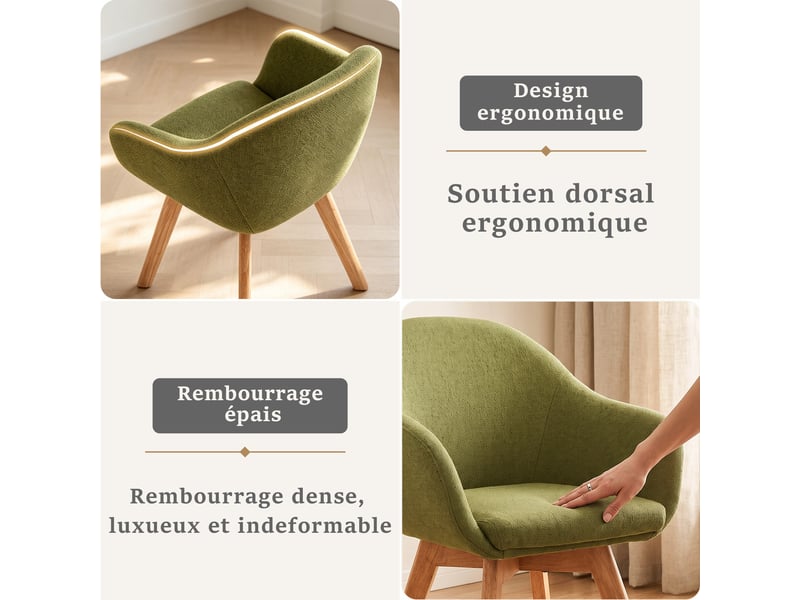  Lot de 6 chaises de salle à manger pivotantes à 360° – tissu effet lin respirant, pieds en bois massif - vert mousse  - Conforama E