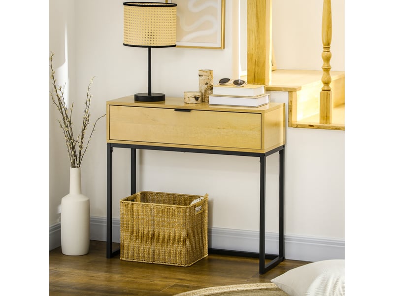  Console avec tiroir, table d'appoint moderne, table d'entrée avec pieds en acier pour couloir ou salon, 80 x 30 x 76 cm, naturel  - Conforama D