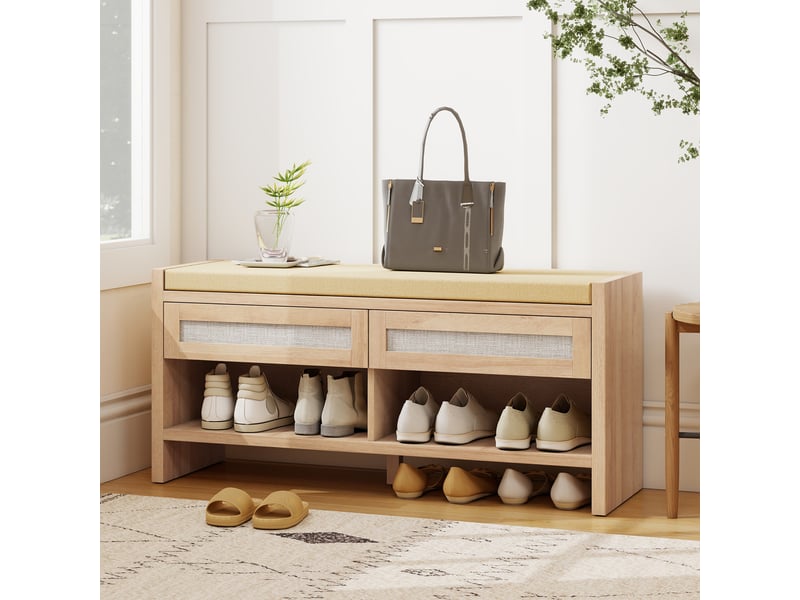  Banc chaussures entrée, banc de rangement, assise rembourrée en lin, 2 tiroirs en rotin et étagère ouverte, chêne  - Conforama C