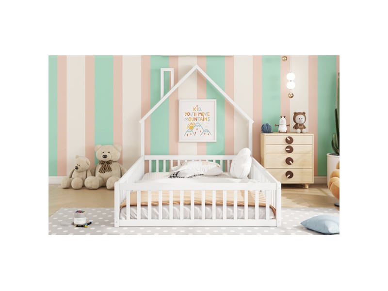  Lit enfant 140x190 cm, style cheminée, pin blanc, sommier inclus, design minimaliste  - Conforama E
