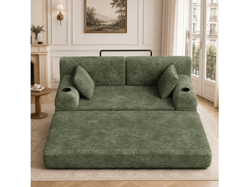 Canapé-lit 2 places vert en velours côtelé, dossier haut et porte-gobelets - Conforama E